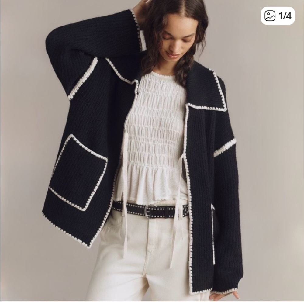 Flat White Collared Whipstitch Cardigan Sweater NWOT